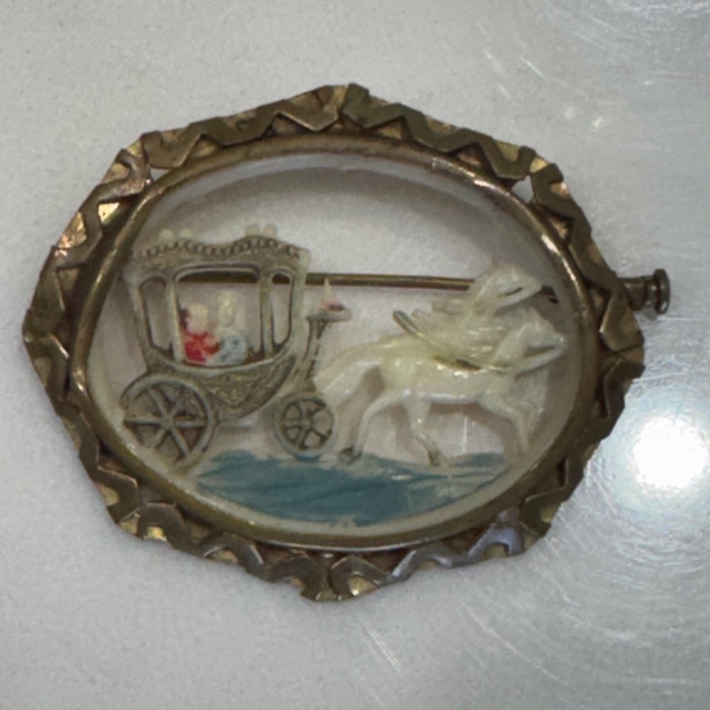 Fairytale French Depose Celluloid Horse Carriage Brooch